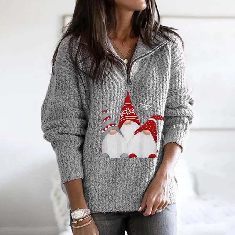 Santa Print Zipped Long Sleeve Knitted Sweater