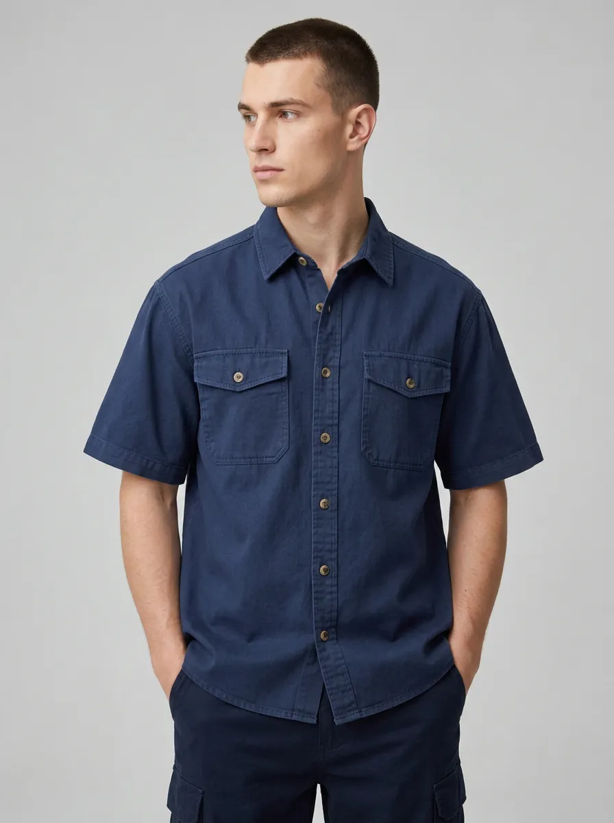 Men's Casual Navy Blue Solid Color Button Down Short Sleeve Shirt