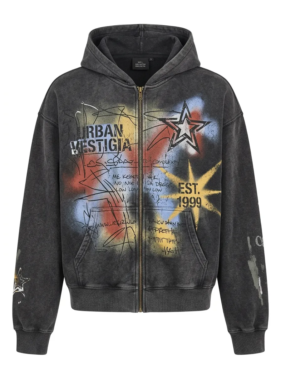 Unisex Streetwear Urban Vestigia Star Graffiti Printed Zip-up Hoodie