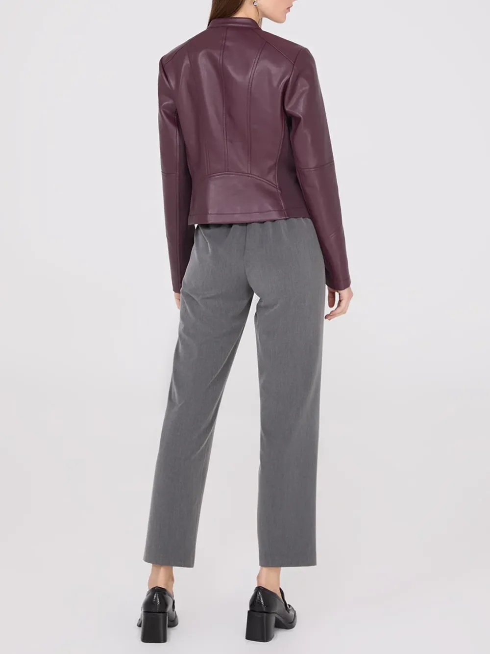 Collarless Faux Leather Coat