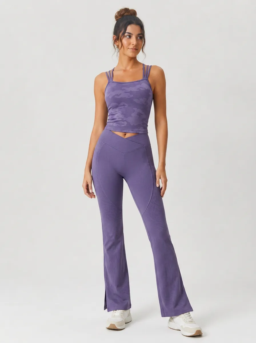Women's Purple Camo Printed Yoga Crossover Flare Leggings Set