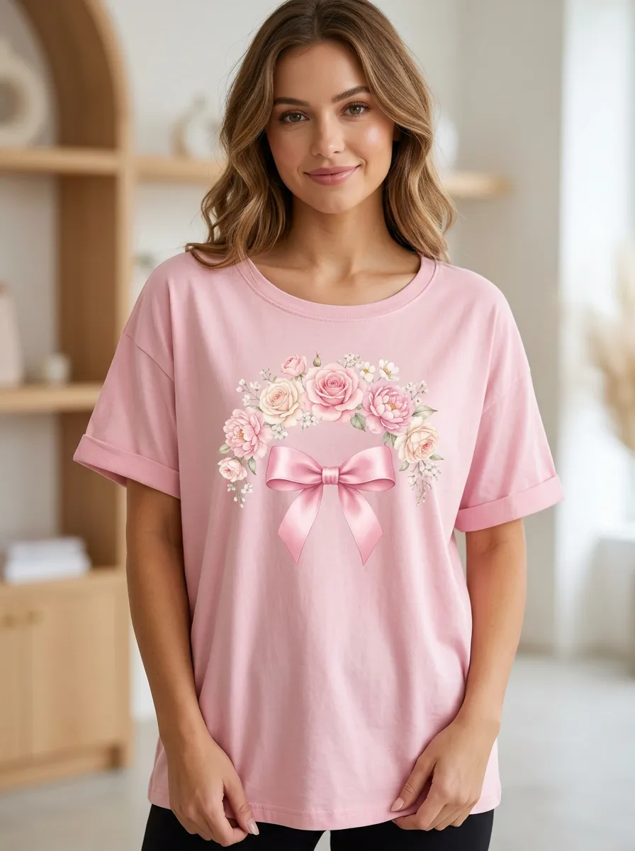 Women's Breast Cancer Awareness Floral Bow Printed T-shirt
