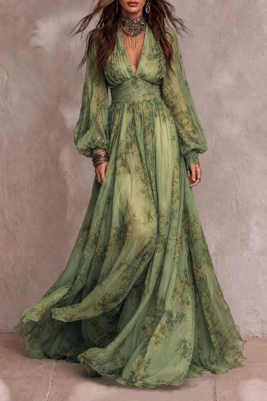 Modern Plunge Neck Floral Maxi Dress