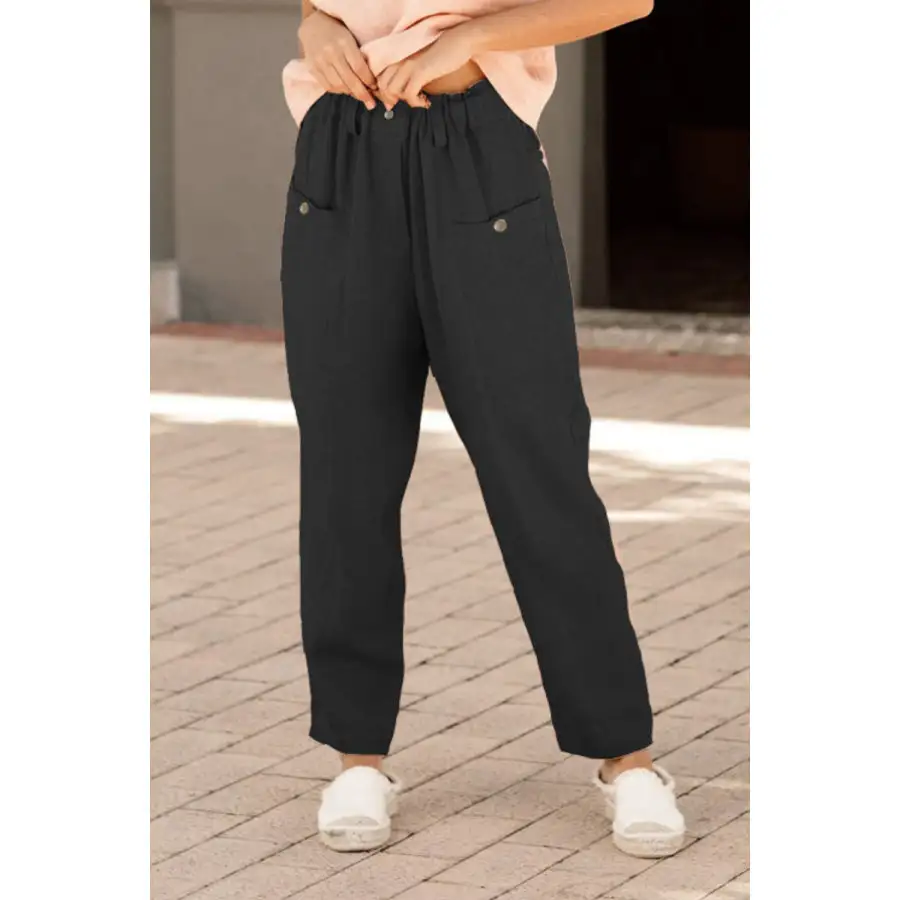 Button Detail Elastic Waist Pocket Pants