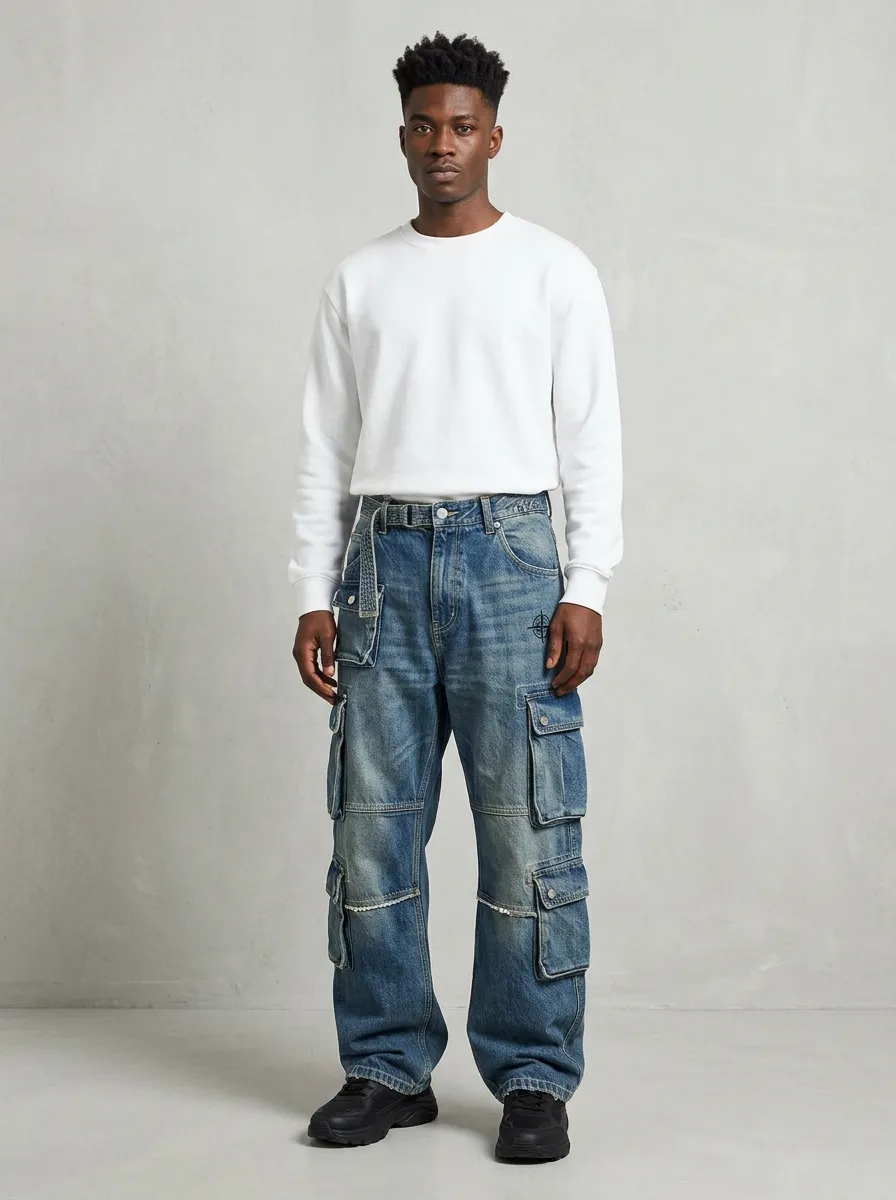 Men's Streetwear Vintage Wash Denim Multi-Pocket Cargo Jeans