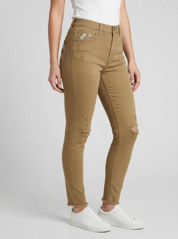 Women's Atlas Floral Embroidery Distressed Printed Slim Jeans