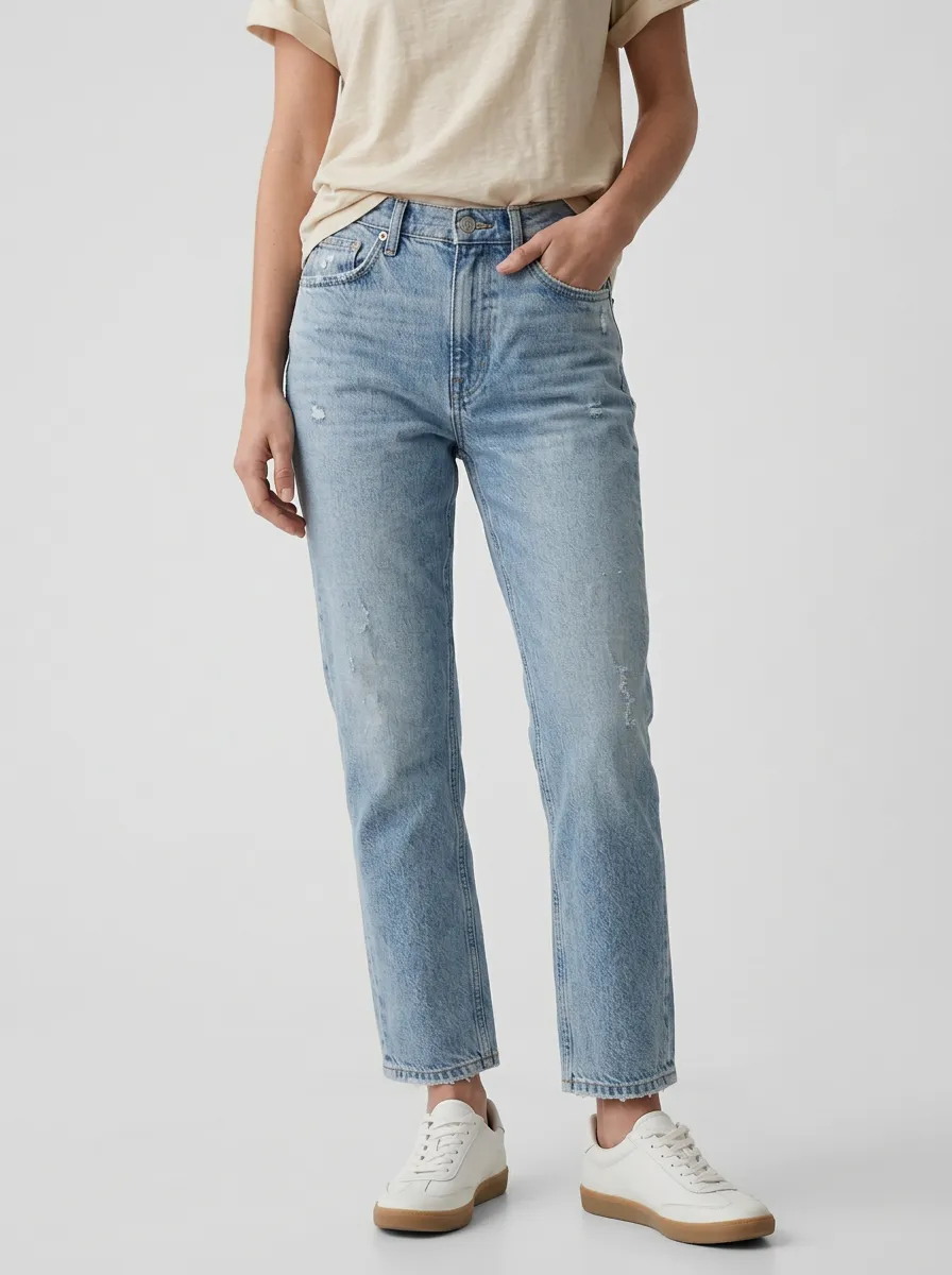 Women's Casual Minimalist Beige T-shirt Distressed Denim Jeans Set