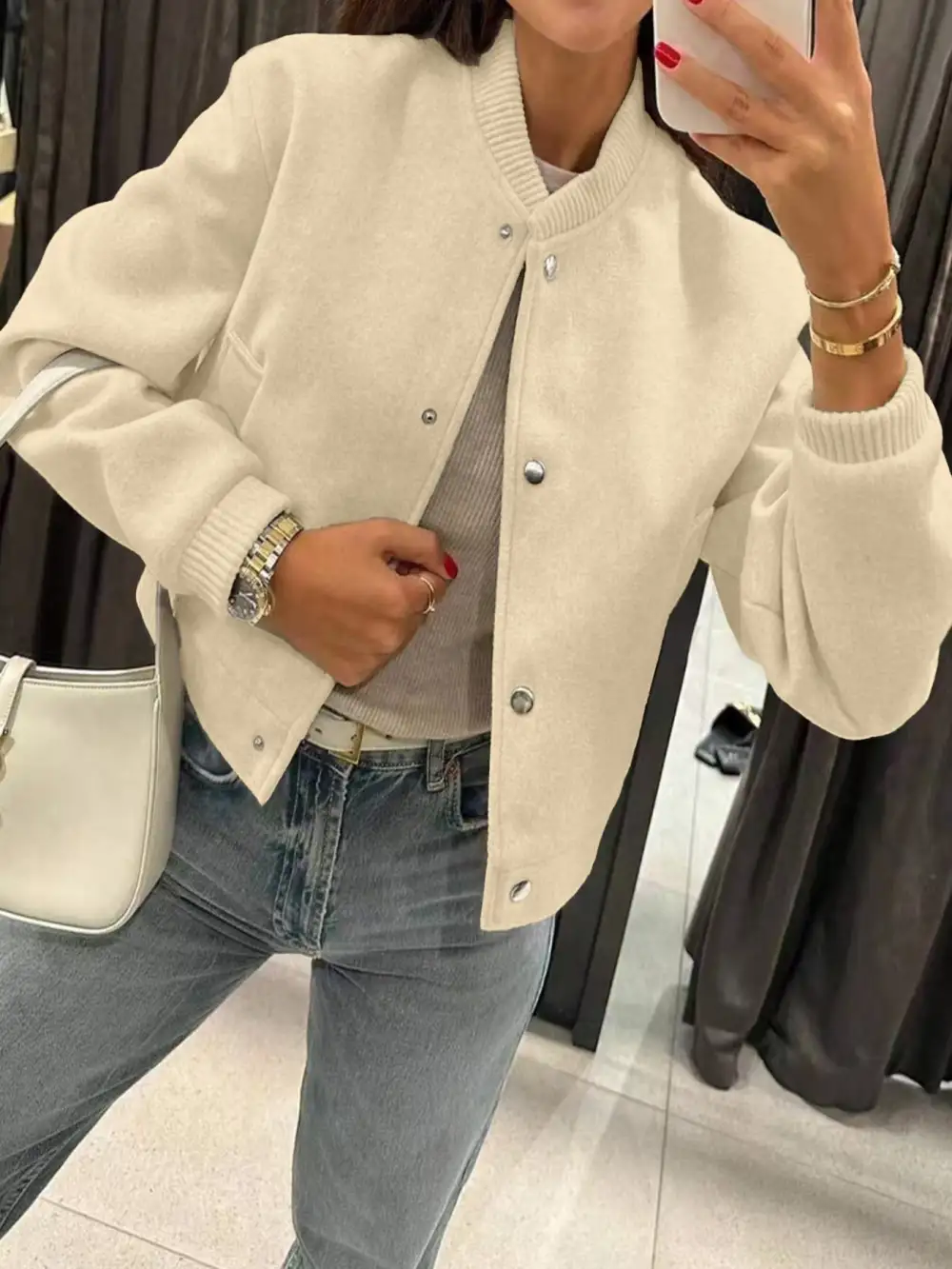 Cropped Teddy Ribbed Trim Bomber Jacket