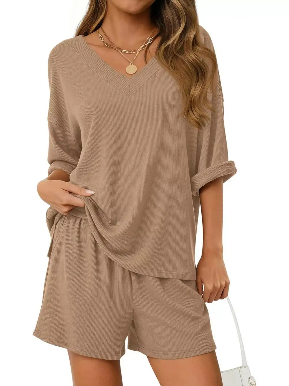 Casual Solid Color V Neck Top and Shorts Set