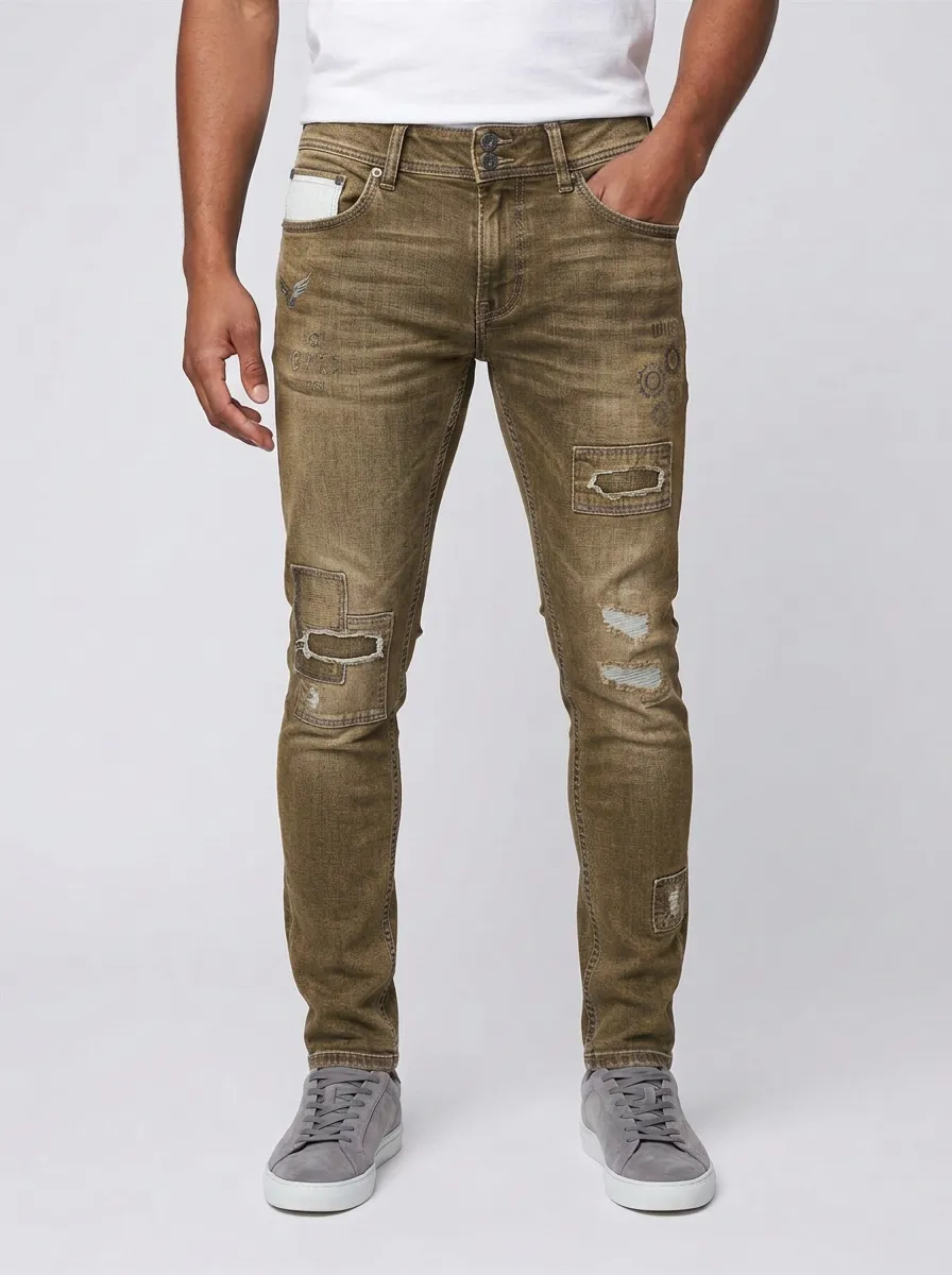 Men's Distressed Patchwork Gear Printed Slim-Fit Jeans