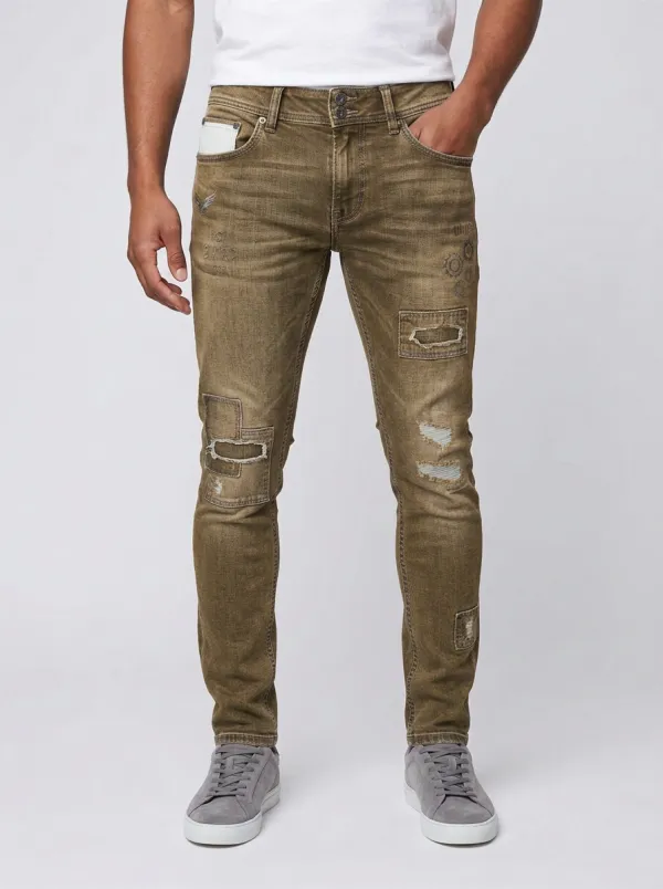 Men's Distressed Patchwork Gear Printed Slim-Fit Jeans
