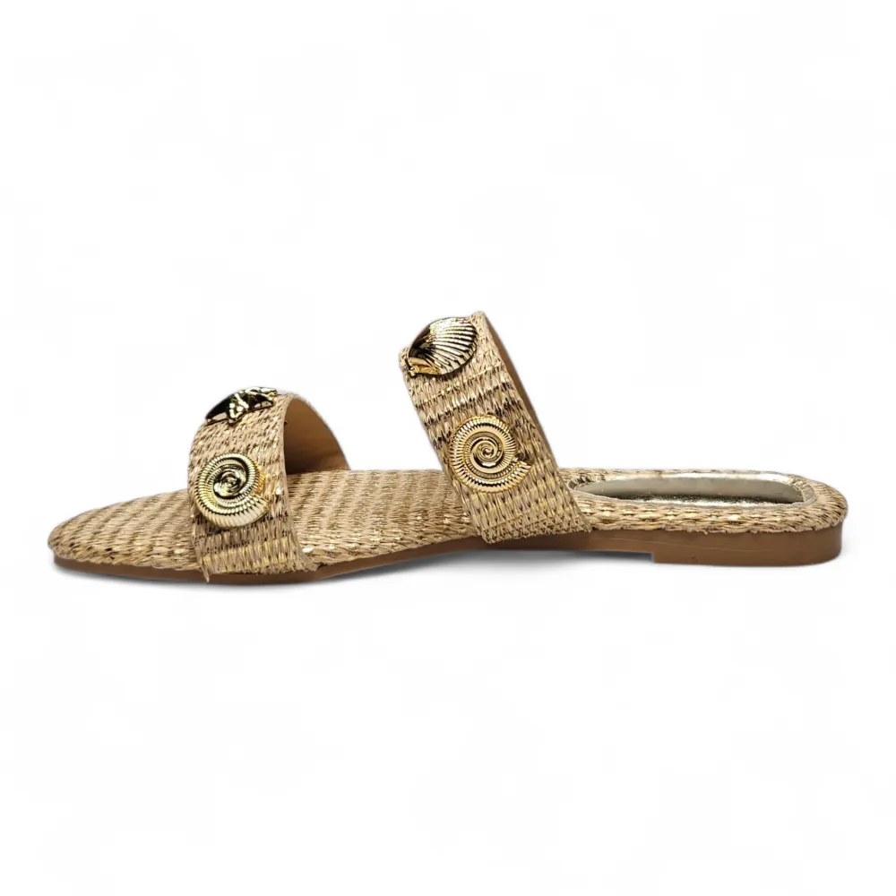 Golden Seashell Woven Double Strap Slide Sandal