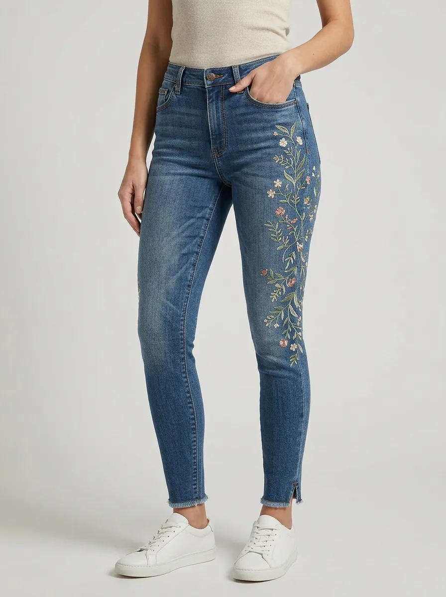 Women's Willow Floral Nature Embroidered Printed Slim Jeans