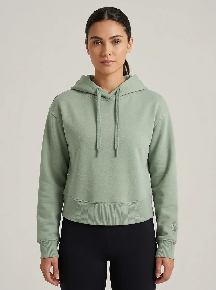 Women's Sage Green Minimalist Flower Embroidered Hoodie