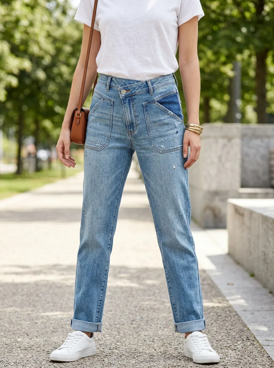 Women's Casual Fashion Cross-waist Distressed Denim Pants
