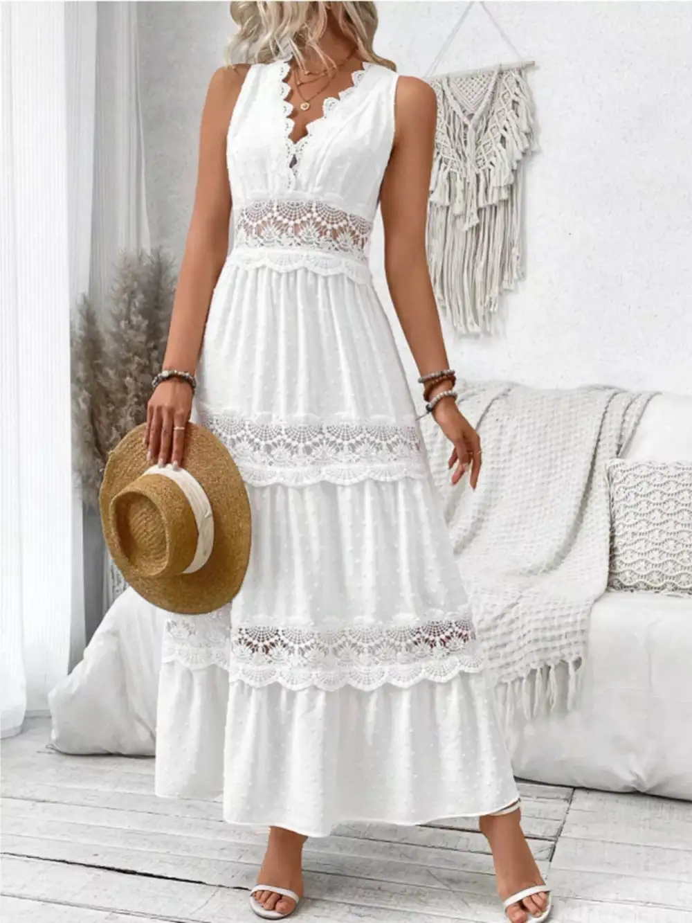 Lace Tiered Sleeveless Dress Casual