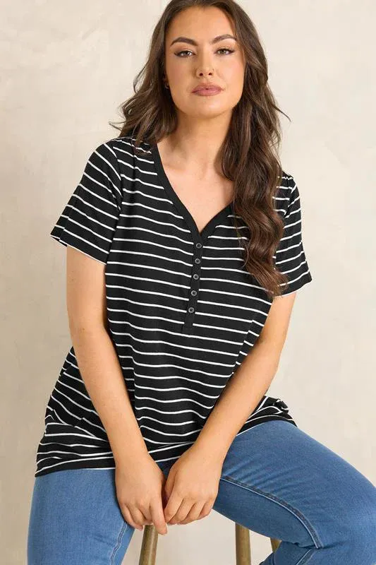 Black Stripe Short Sleeve Cotton Henley Top