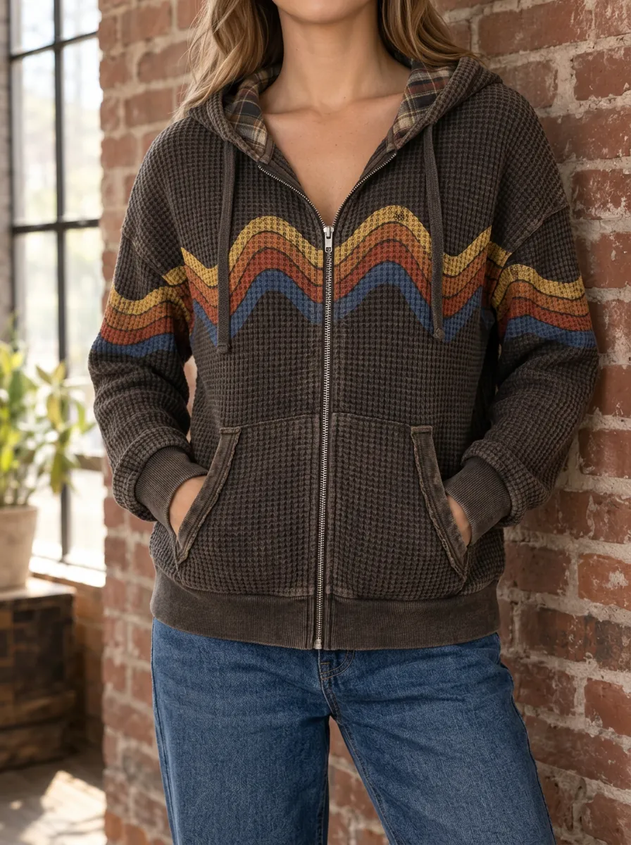 Women's Retro Wavy Stripe Pattern Printed Waffle Knit Zip Up Hoodie