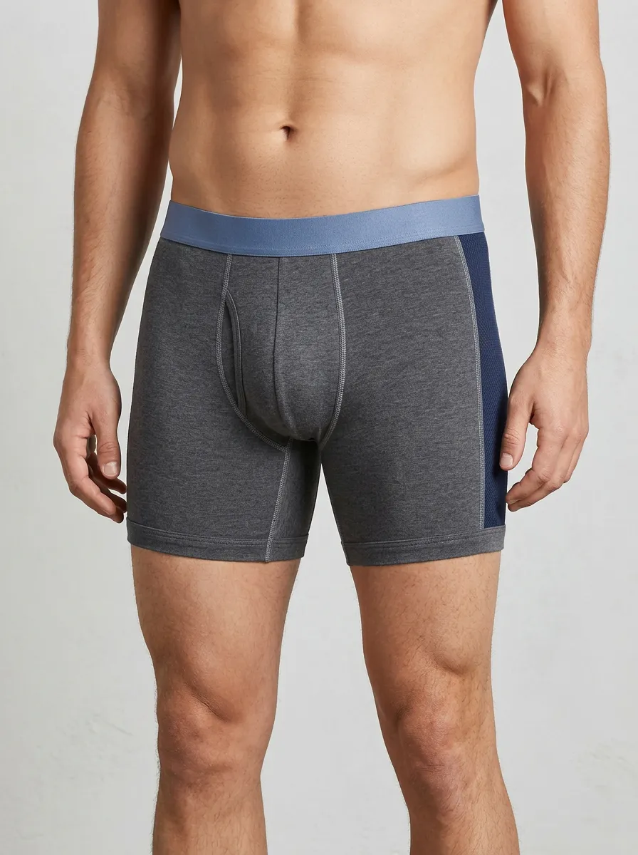 Men's Athletic Performance Grey Blue Contrast Panel Boxer Briefs