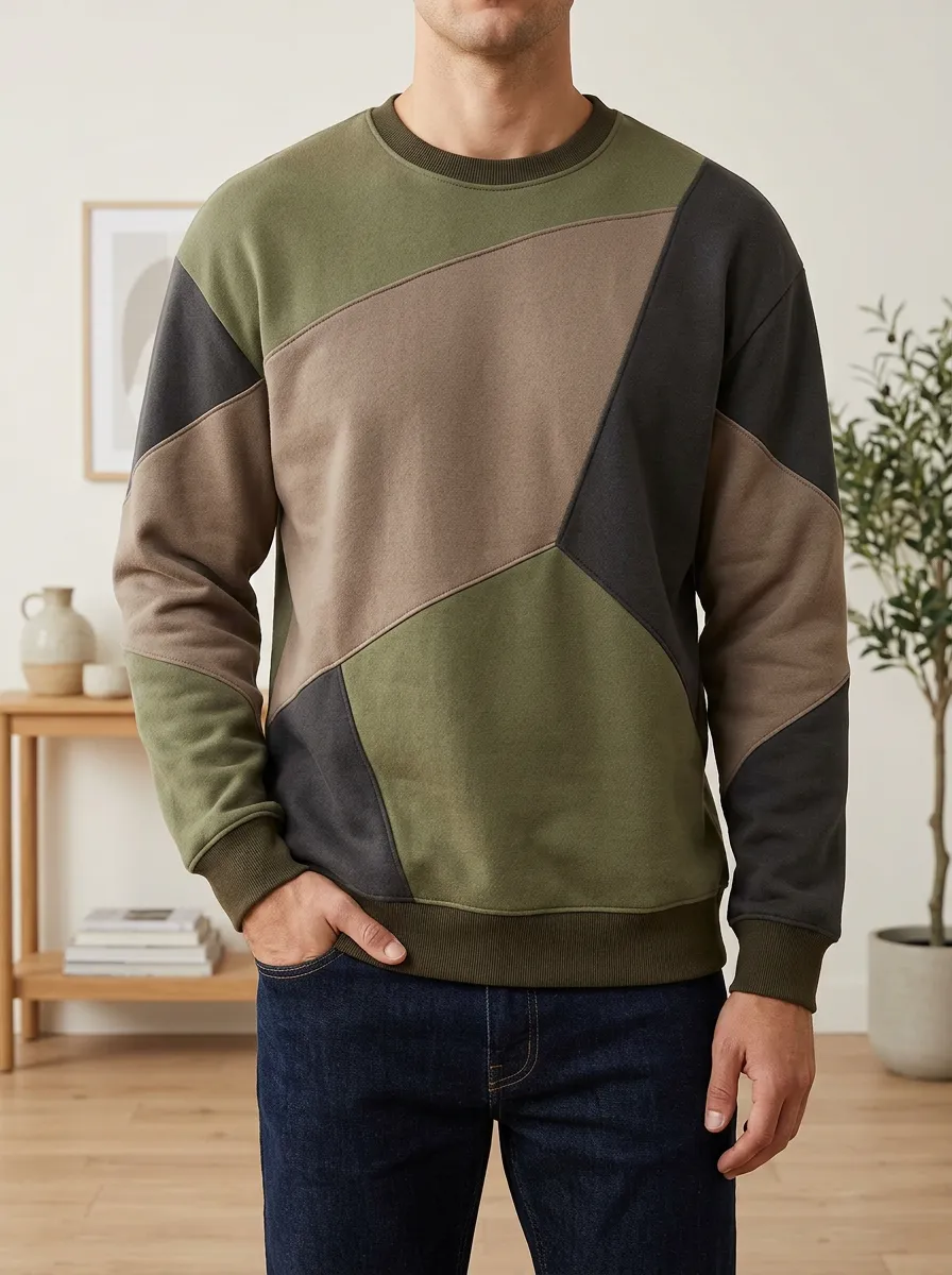 Men's Casual Style Colorblock Geometric Pattern Printed Fleece Sweatshirt