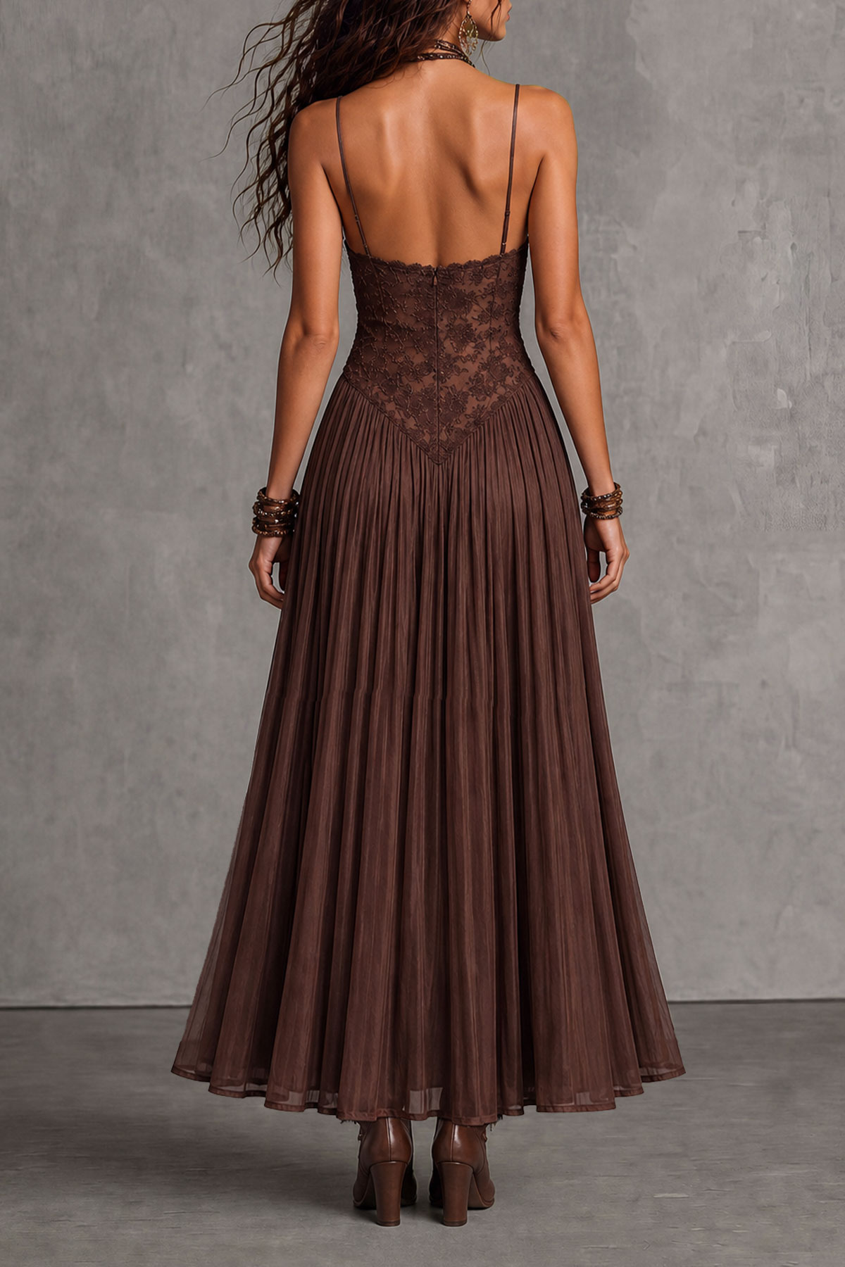Spaghetti Strap Lace Trim Lace Maxi Dress