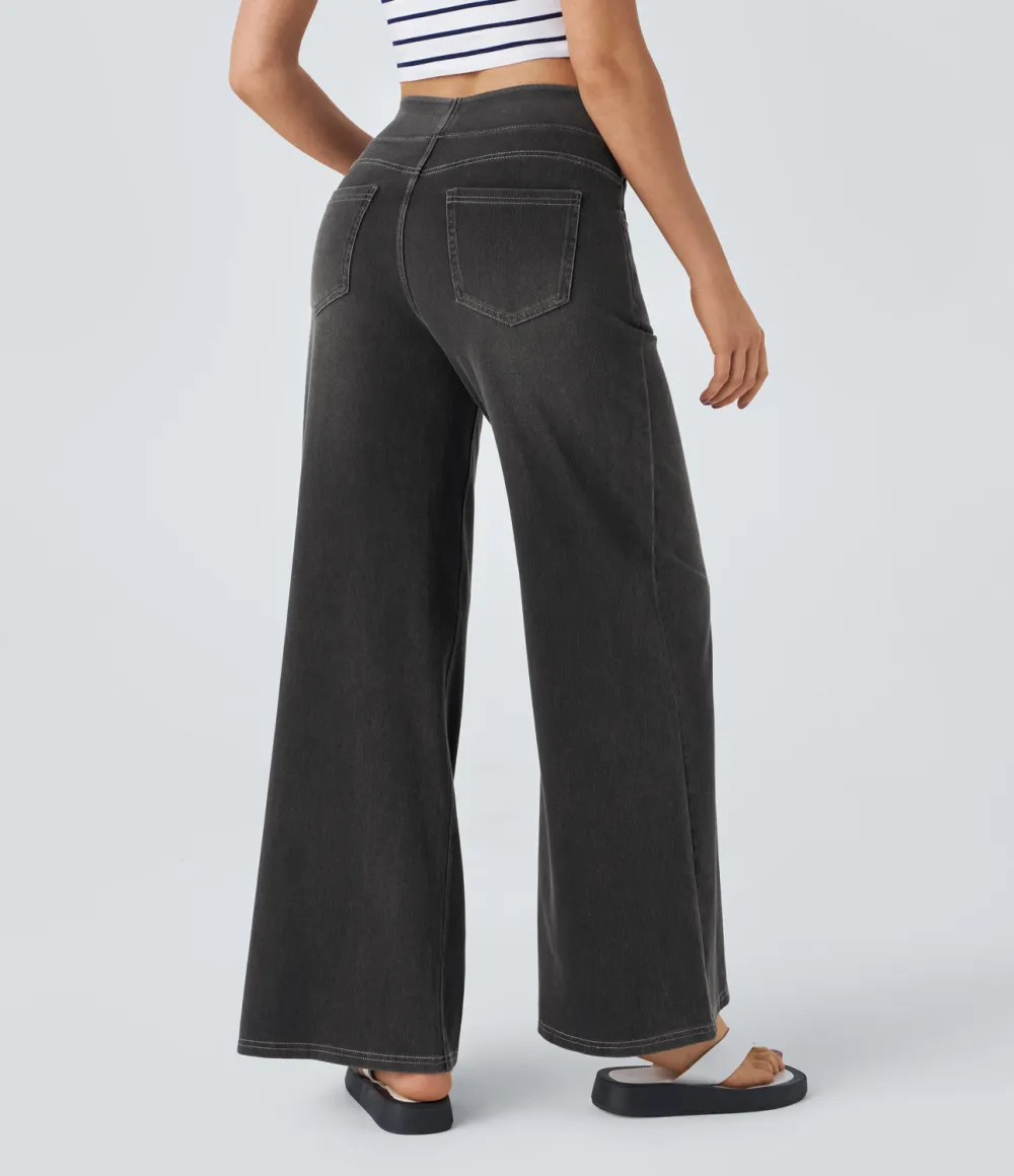 Magic High Waisted Multiple Pockets Wide Leg Washed Stretchy Knit Casual Jeans