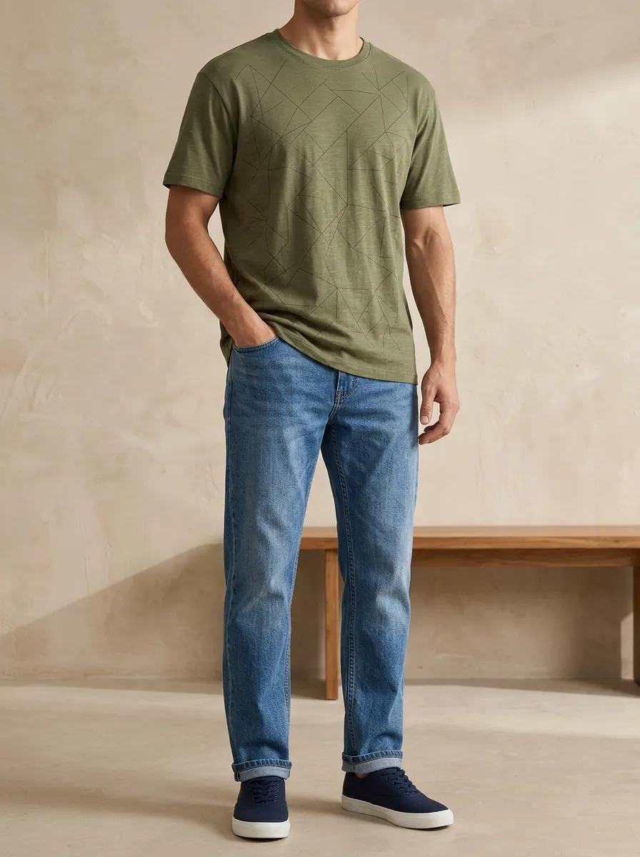 Men's Olive Geometric Line Printed T-Shirt and Denim Jeans Set