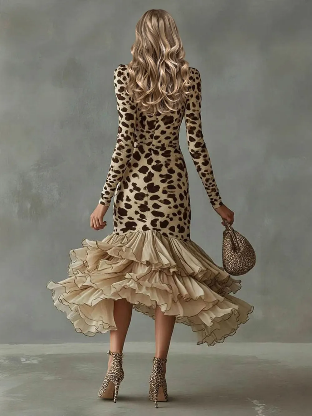 Ruffle V Neck Print Maxi Dress