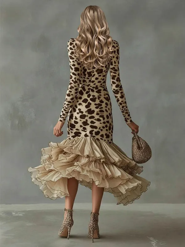 Ruffle V Neck Print Maxi Dress