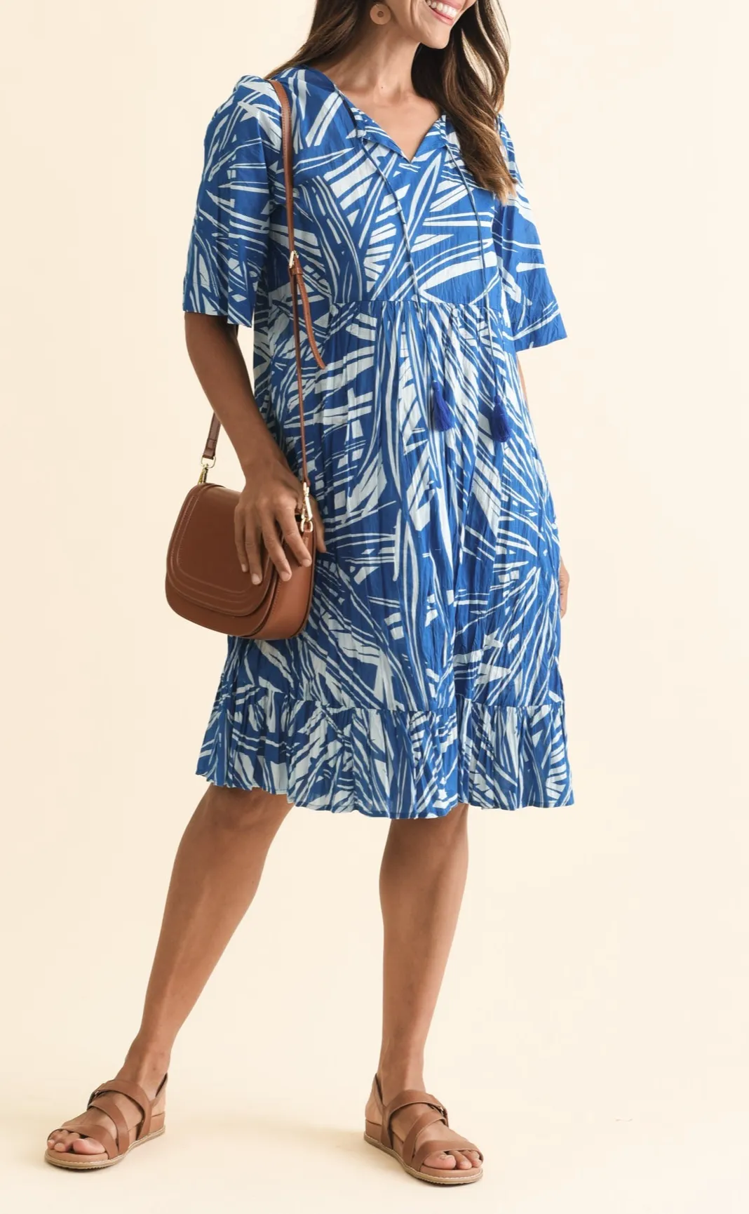 Below-Knee Abstract Cotton Gathered Pocket Ruffle V-Neck Dress