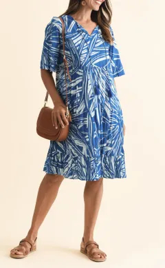 Below-Knee Abstract Cotton Gathered Pocket Ruffle V-Neck Dress