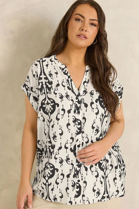 White Abstract Print Short Sleeve Blouse detail 1