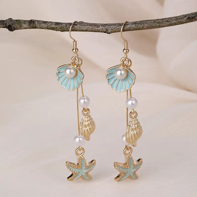 Starfish Shell Pearl Drop Earrings