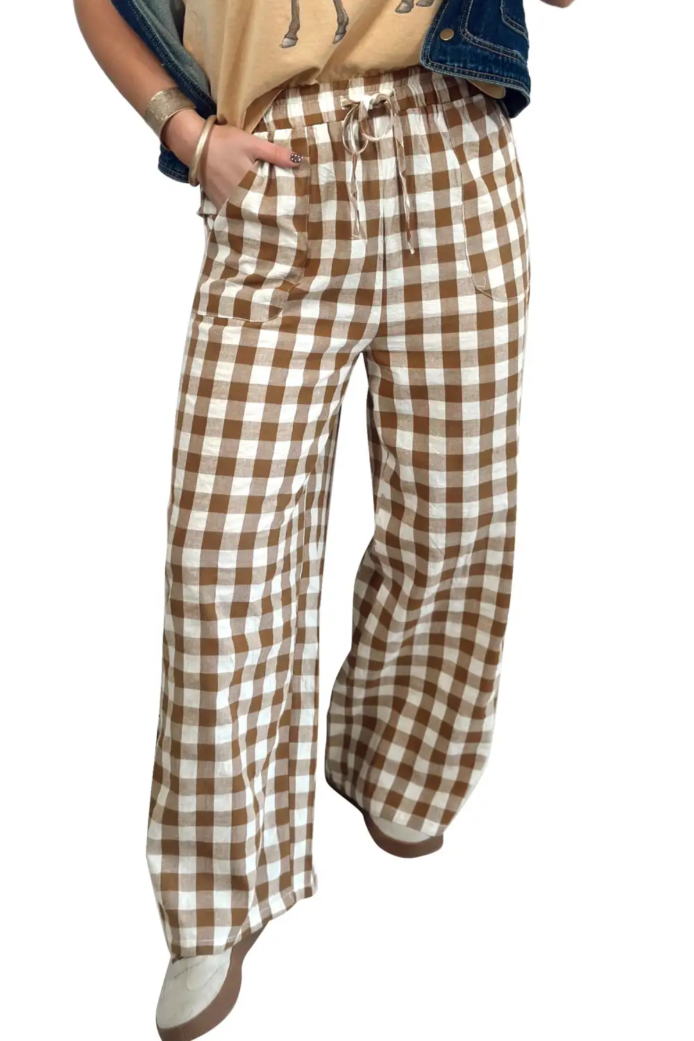 Gingham Plaid Tie Elastic Waist Shift Trousers