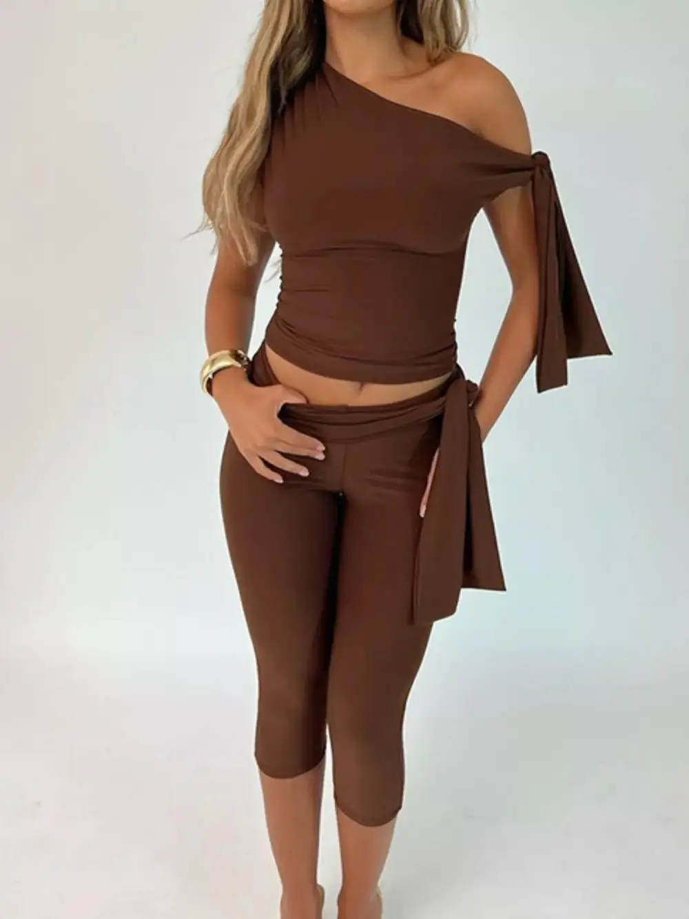 Tied One Shoulder Top and Capris Set