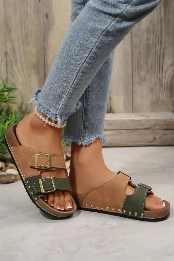 Studded Leather Buckle Strappy Flat Sandals
