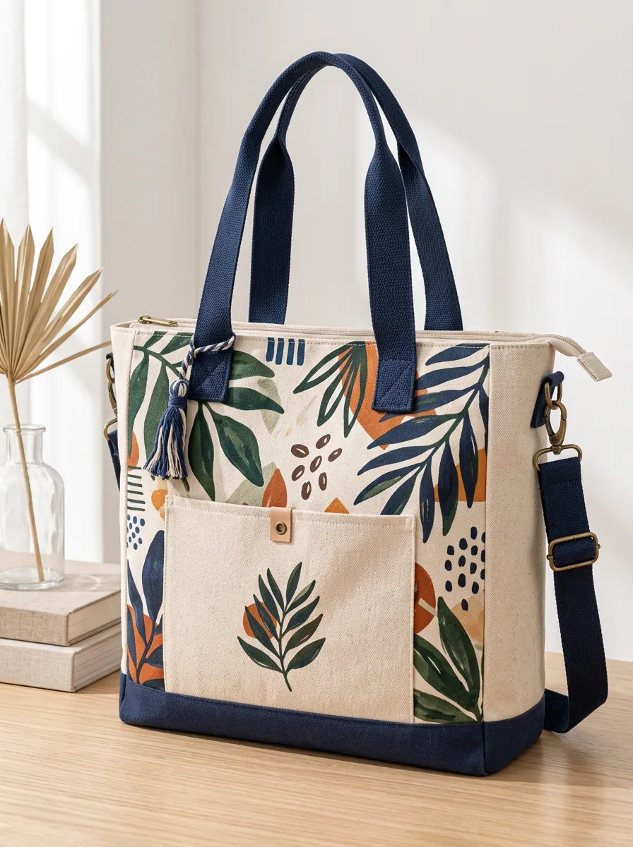 Women's Structured Botanical Abstract Boho Printed Canvas Shoulder Tote Bag