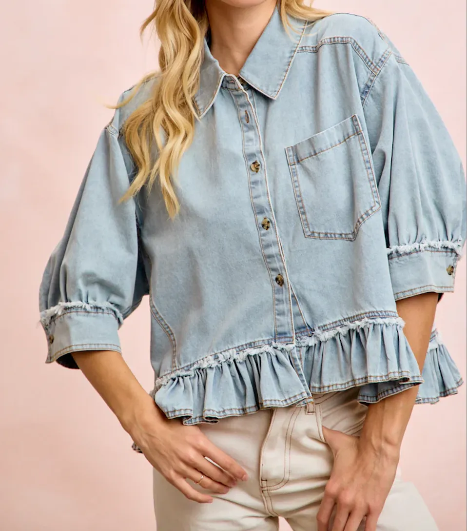 Ruffled Hem Button Up Shirt