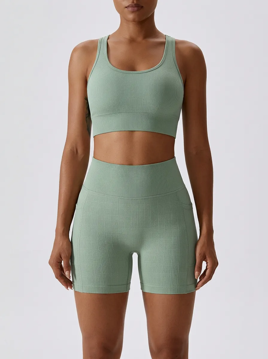 Weekend Ribbed Texture Seamless Design Street Style Women's Tank Top And Sports Shorts Set