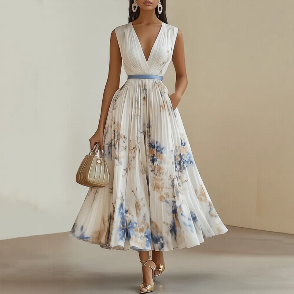  Pleated V Neck Maxi Dress
