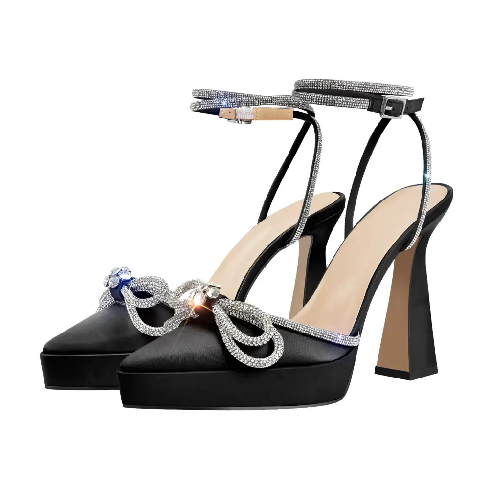 Rhinestone Pointed Toe Low Platform Chunky Heel Pumps