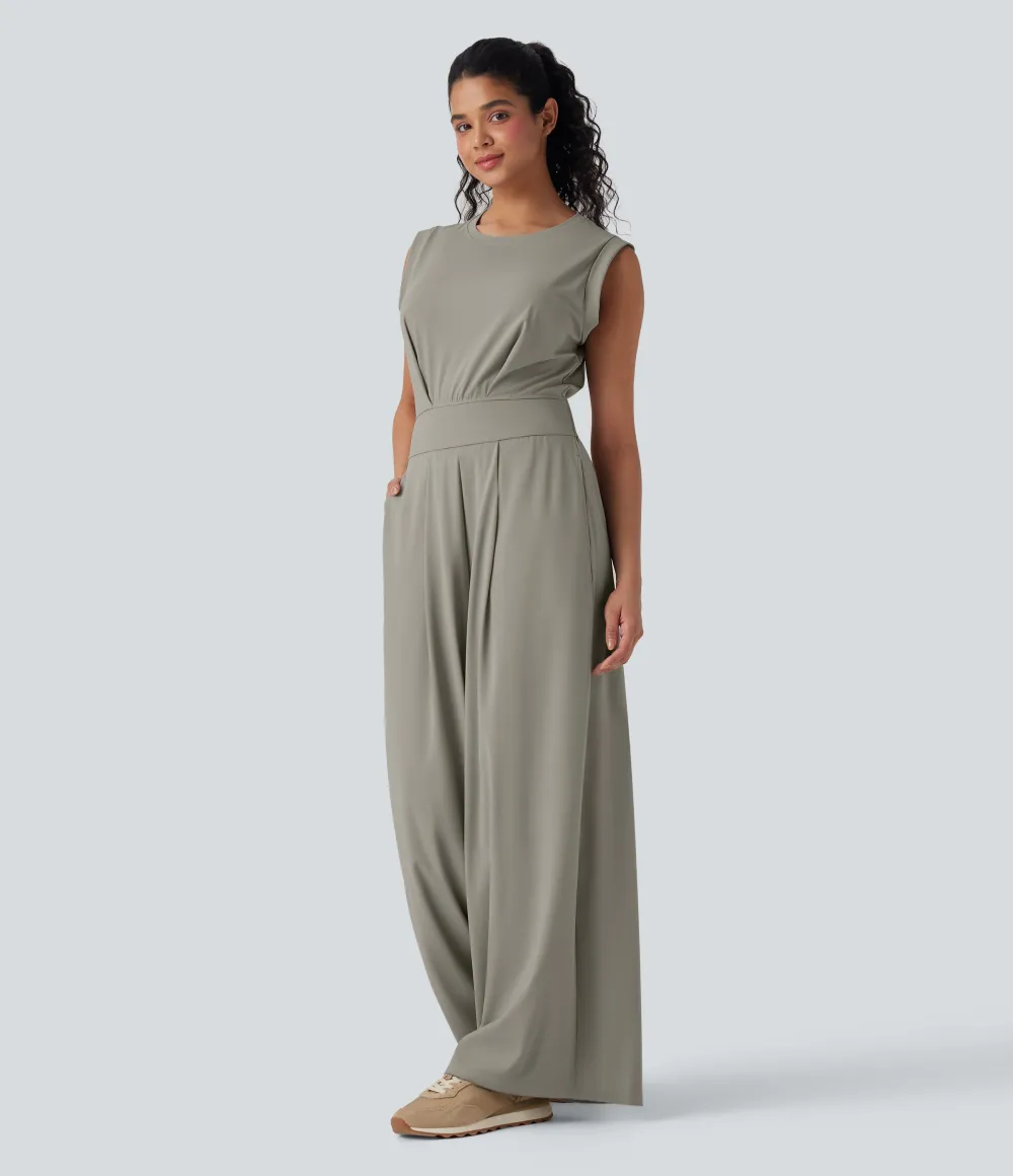 SoftlyZero QuickDry Round Neck Sleeveless Keyhole Pocket Yoga Jumpsuit-Easy Peezy Edition