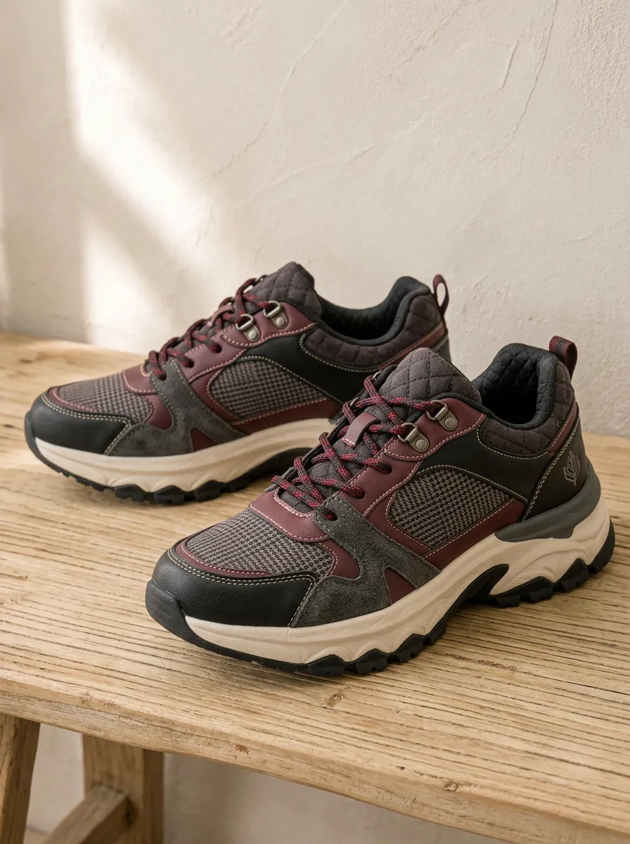Women's Outdoor Hiking Burgundy Plaid Suede Printed Sneakers