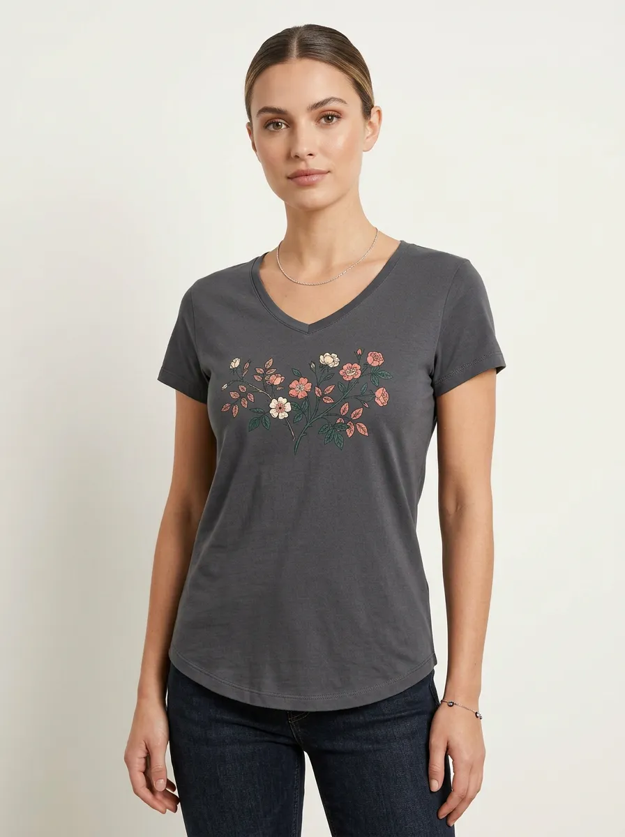 Women's Rose Branch Graphic V-Neck T-Shirt