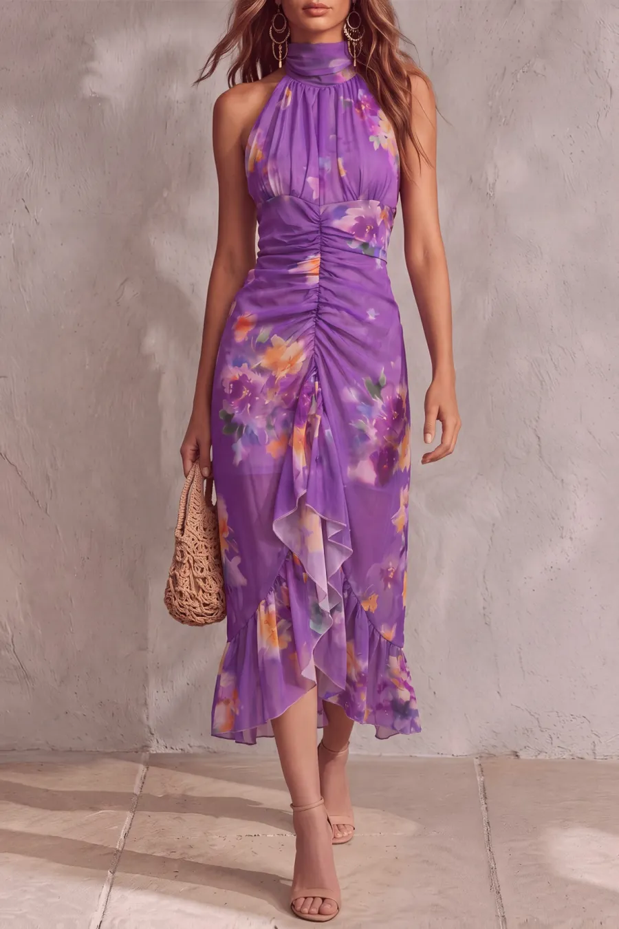 Halter Neck Ruched Midi Dress