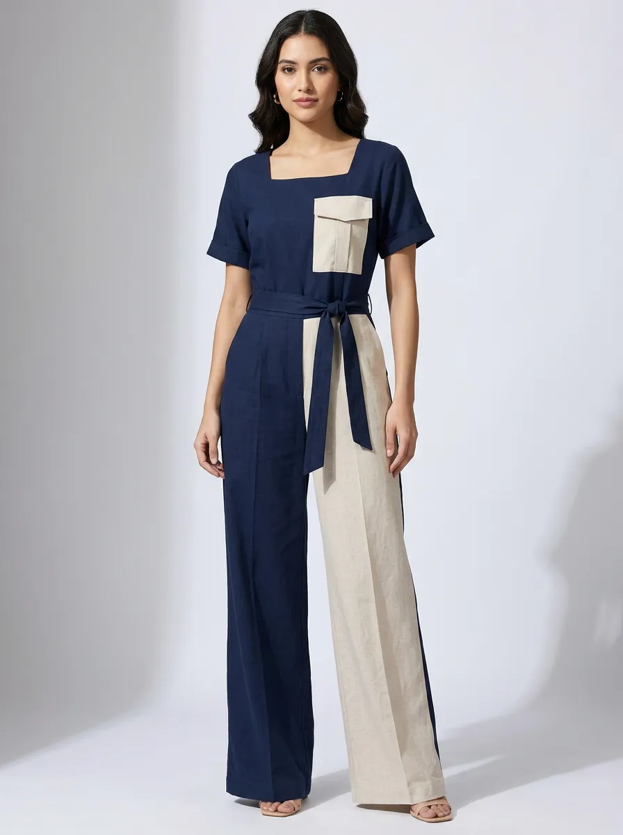 Women's Casual Two-Tone Colorblock Belted Jumpsuit