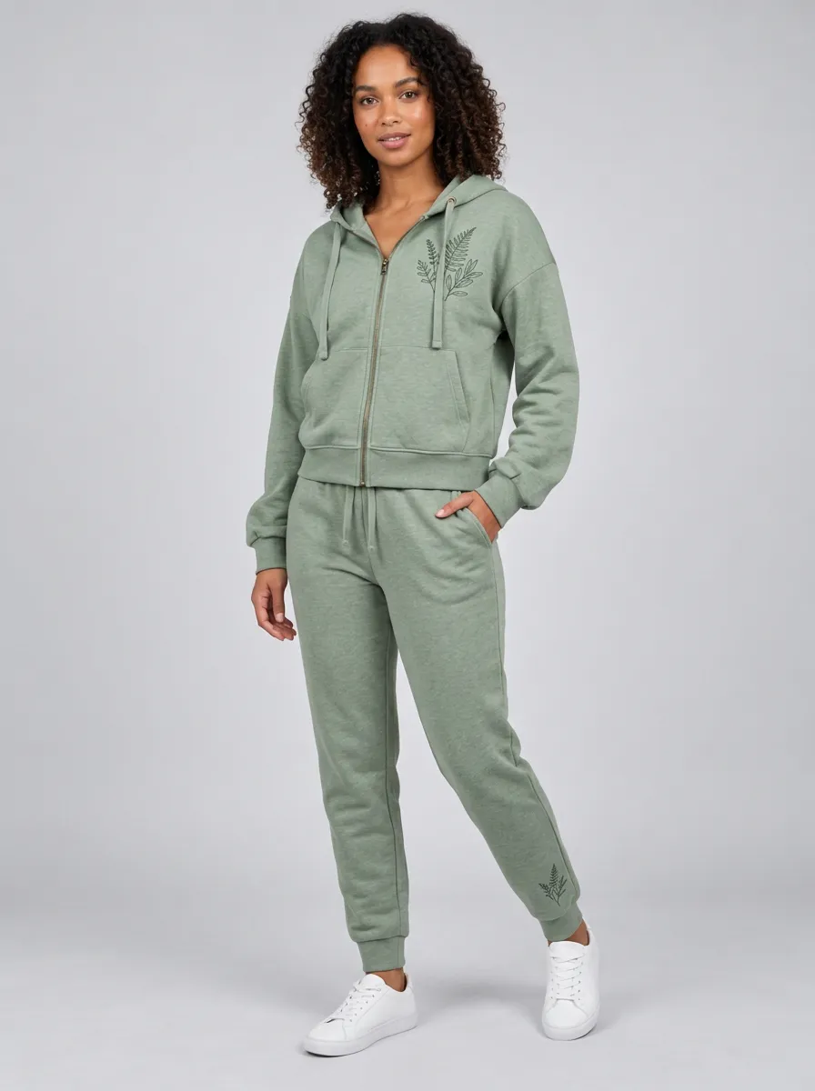 Women's Sage Green Fern Leaf Graphic Zip-Up Hoodie Jacket & Jogger Set