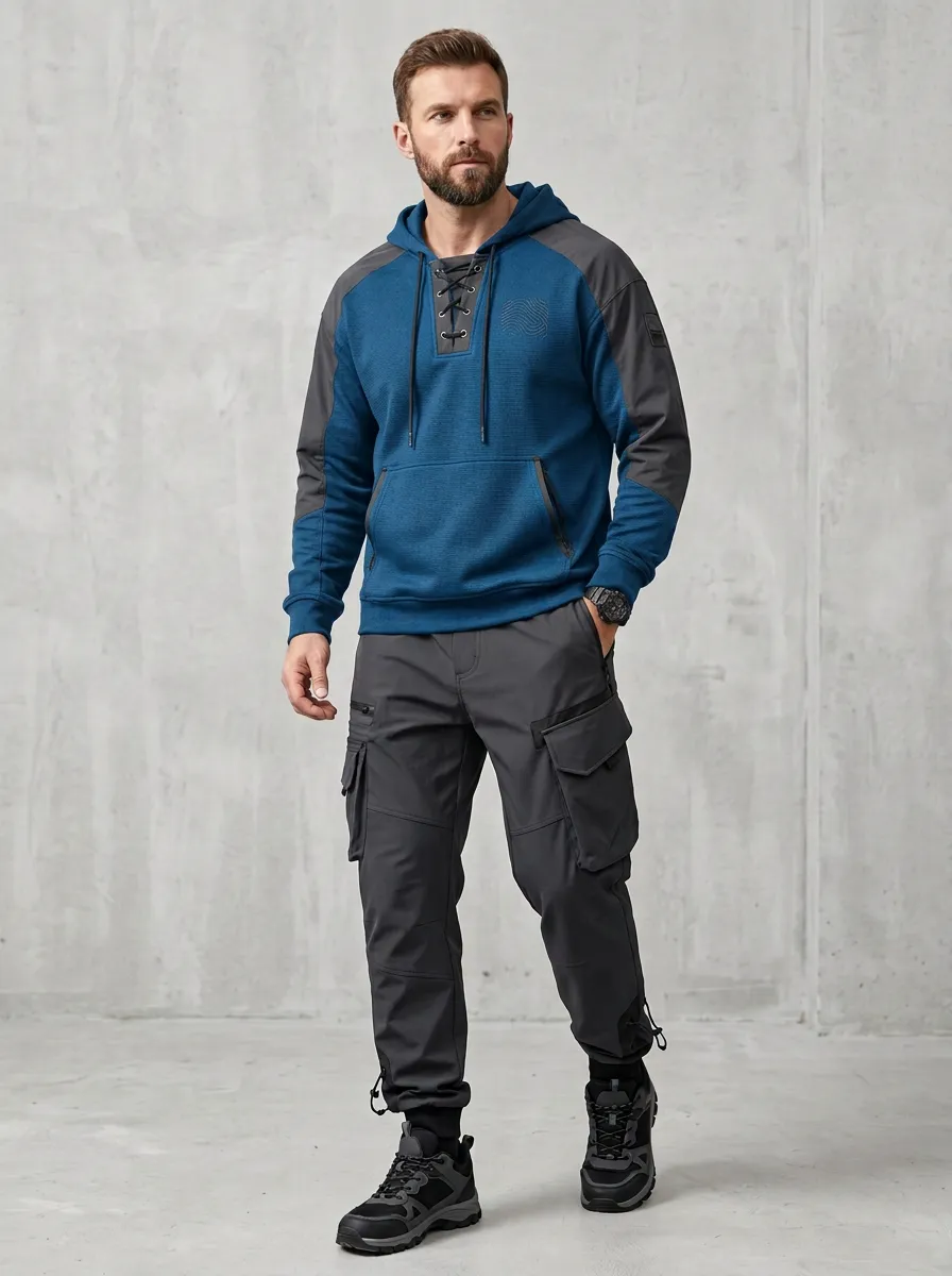 Daily Lace-Up Multi Pocket Detail Men's Lace Up Hoodie And Cargo Jogger Set
