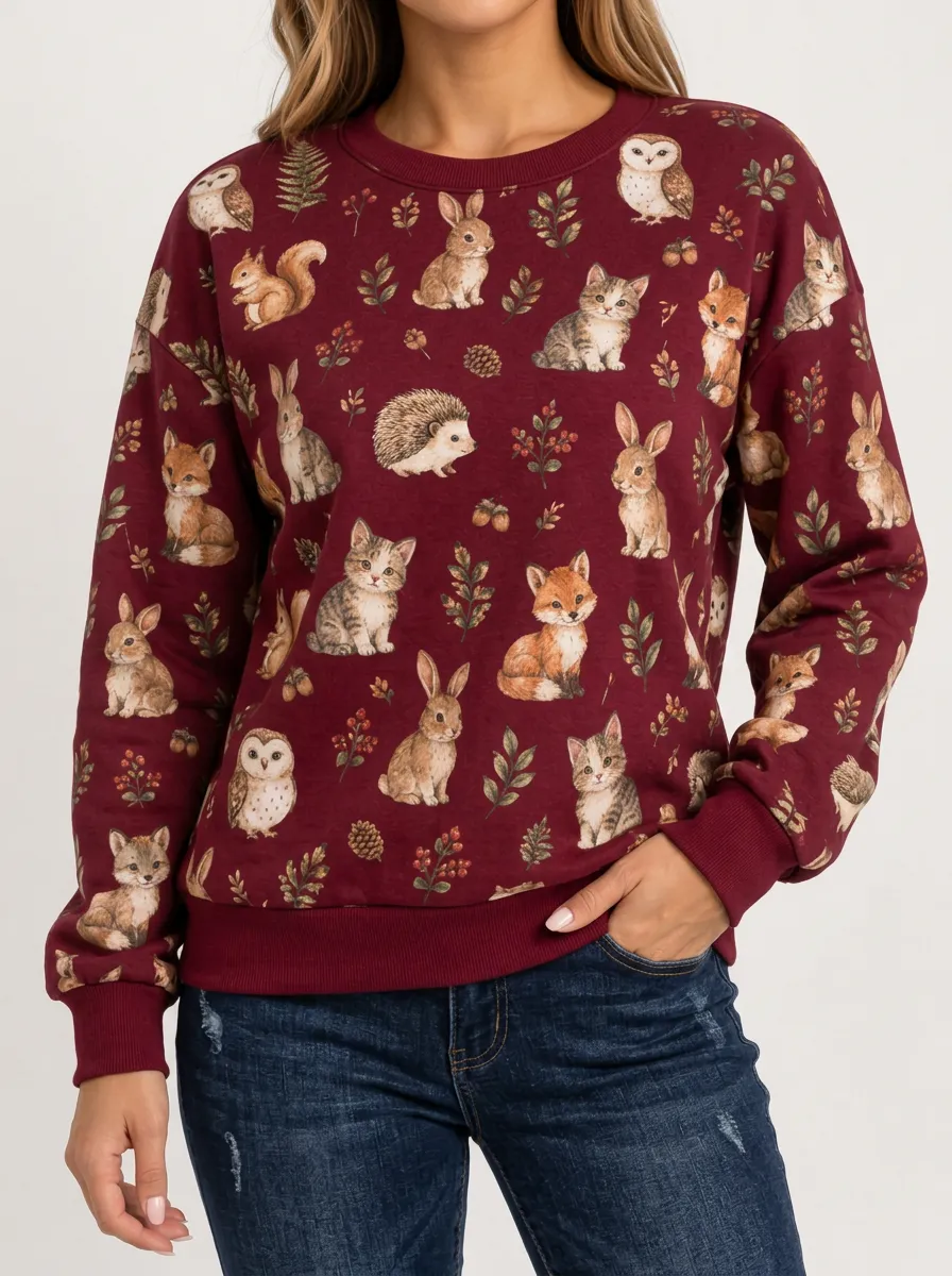 Women's Printed Sweatshirt with Woodland and Forest Artwork