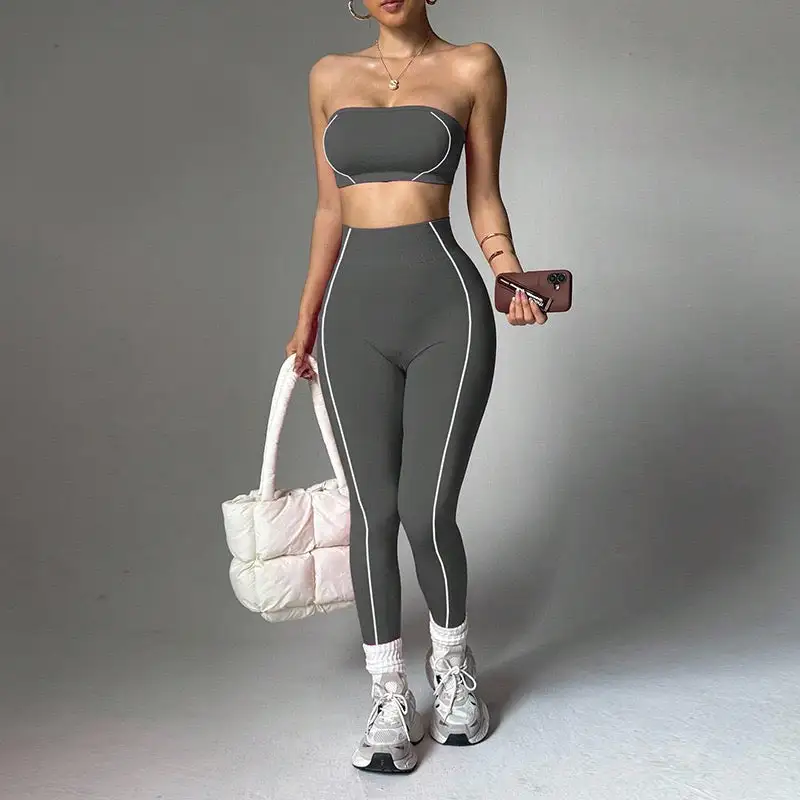 Strapless Bandeau Crop Top and High-Waisted Leggings Activewear Set